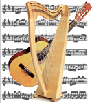 classical guitar, harp and sheet music